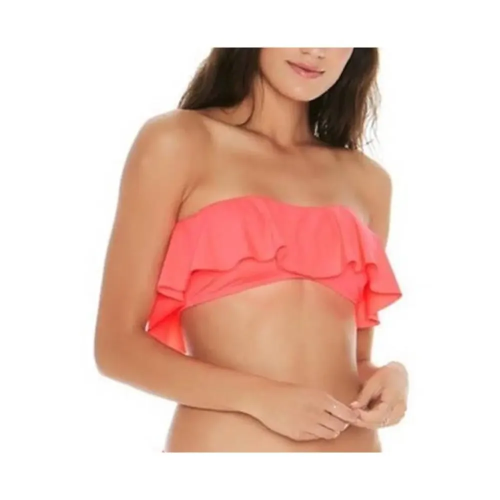 L*SPACE Lynn Bikini Top, Large Coral Pink Strapless Bandeau Style Ruffle Flounce